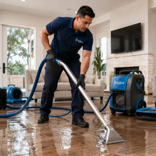 Technician extracting standing water from a flooded room in Los Angeles